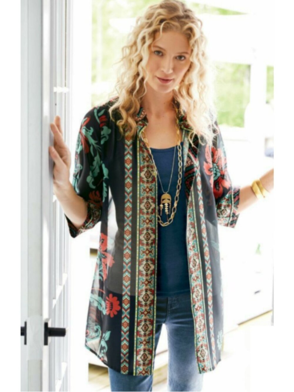 Soft Surroundings Sinine Semi Sheer Southwestern Top in Navy Blue Small